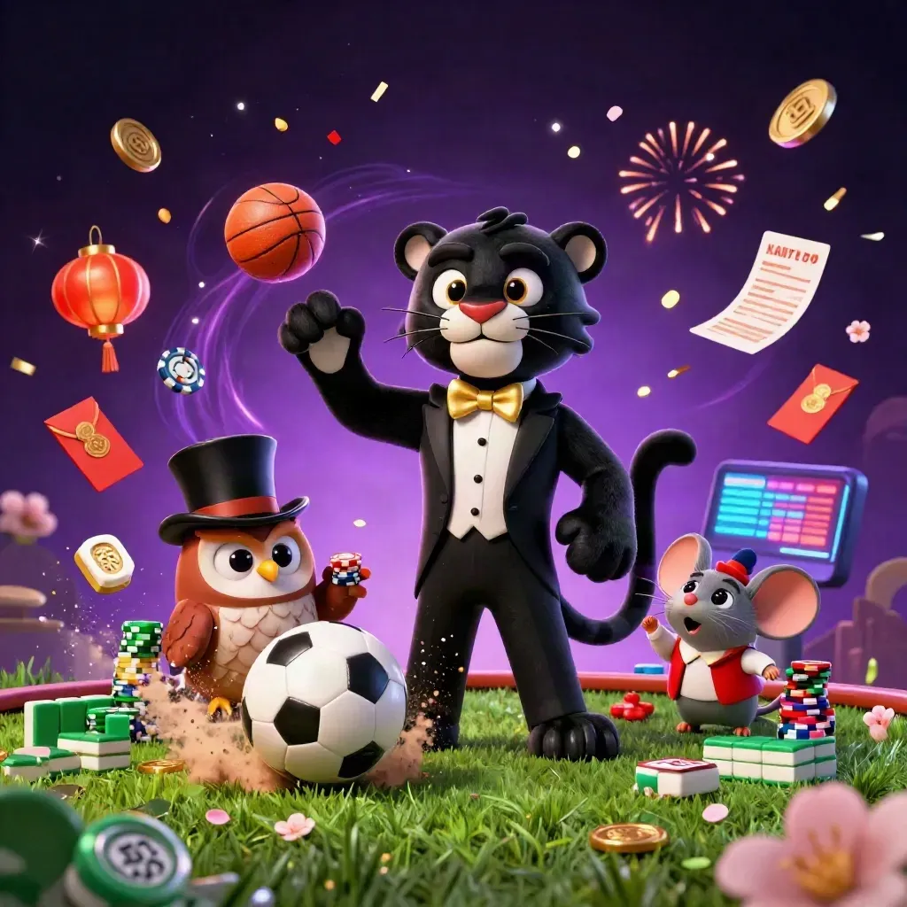 Casino mascots and sports balls explode in neon light on a dark purple starry backdrop.