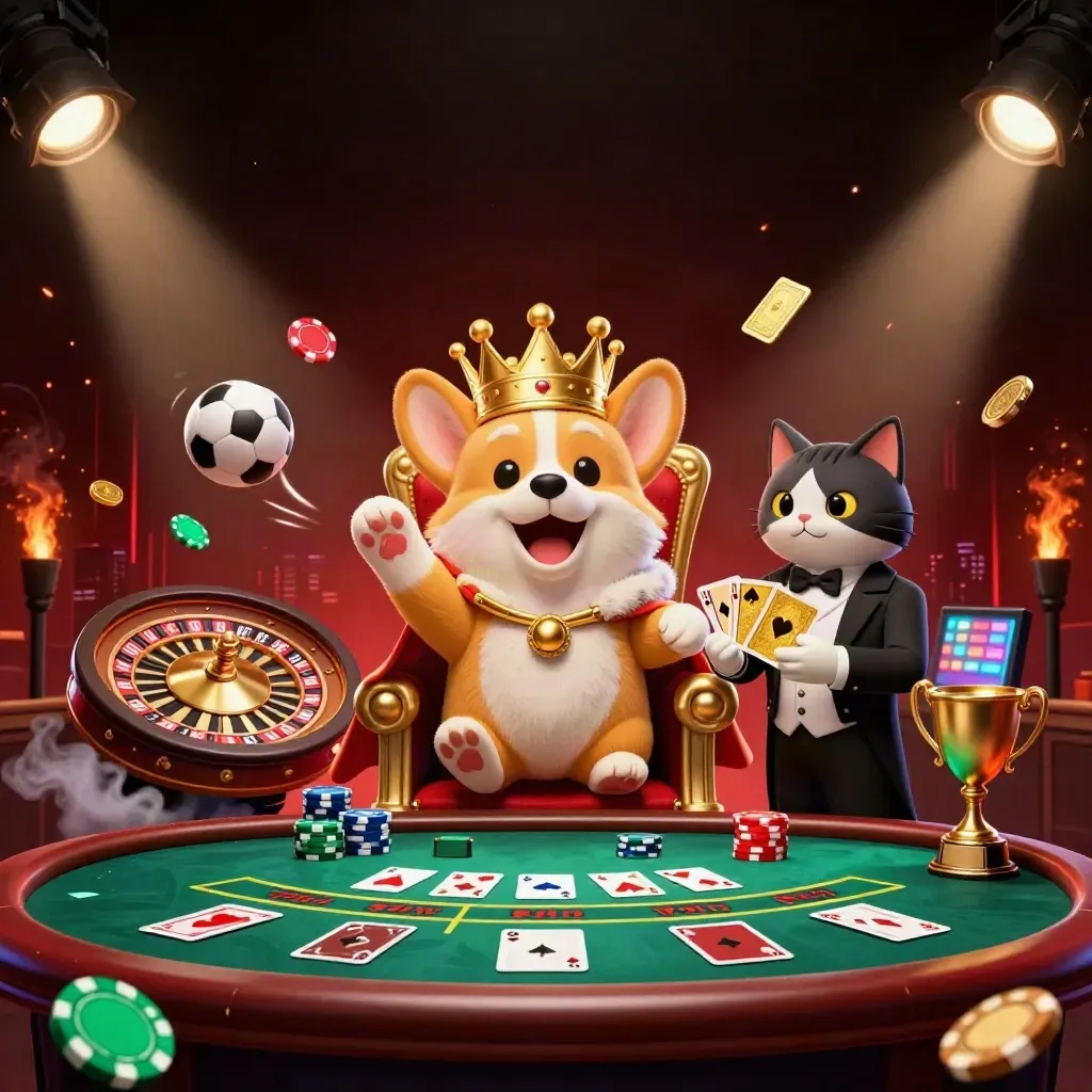 Royal corgi king and cat butler amid casino lights, roulette, trophy, sports balls, and gold coins