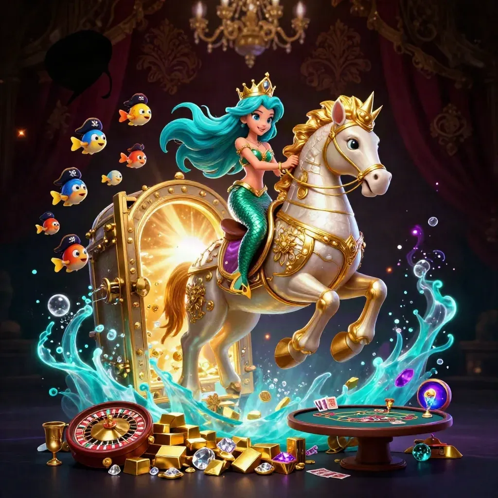 Mermaid princess on a golden seahorse amid treasure, neon casino props and underwater glow.