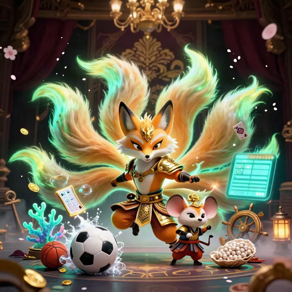 Fox spirit and armored mouse amid sports balls, coins, coral, cards, and luxe casino glow