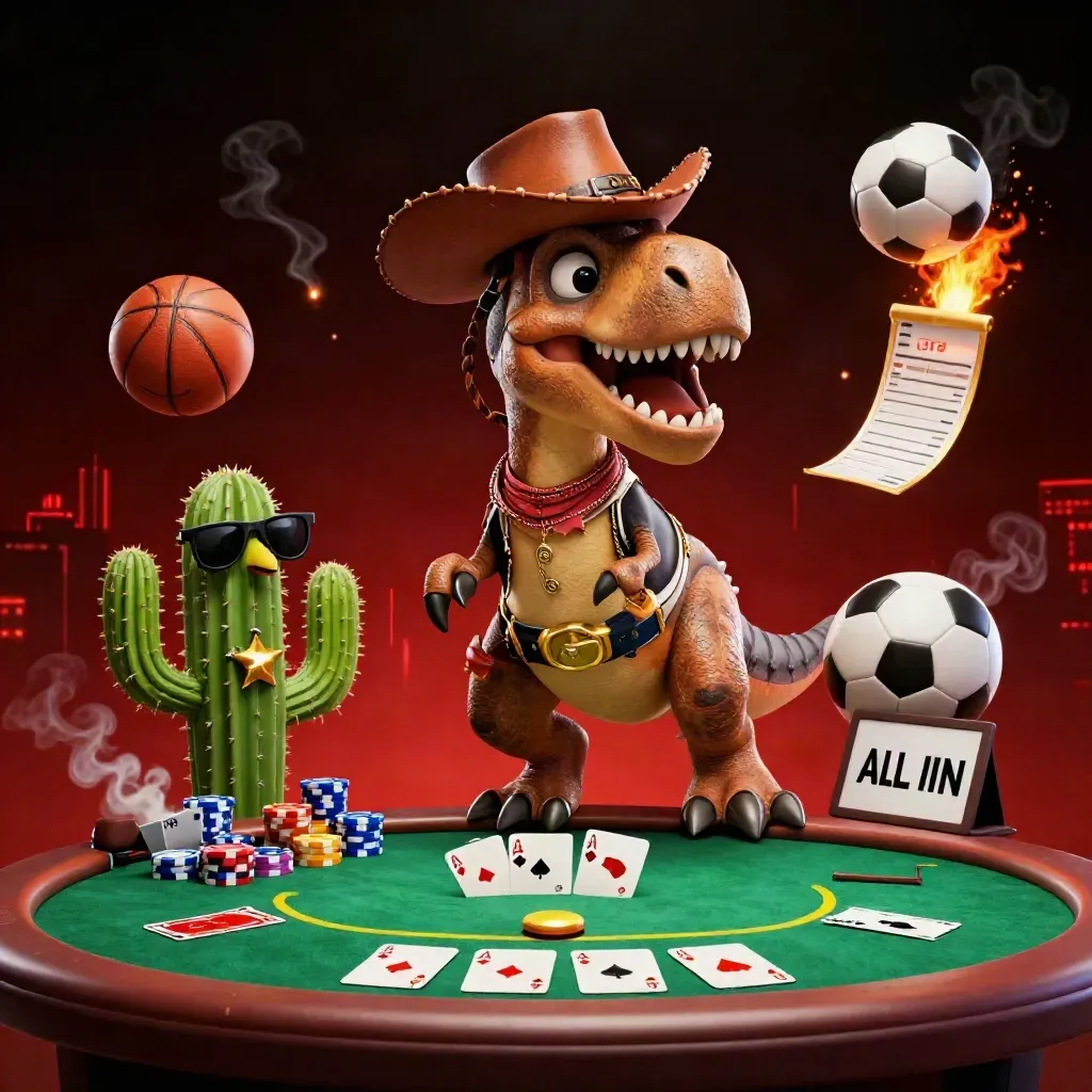 Cowboy T-Rex, cactus and roadrunner amid flying casino chips, cards, balls and dramatic red neon light.