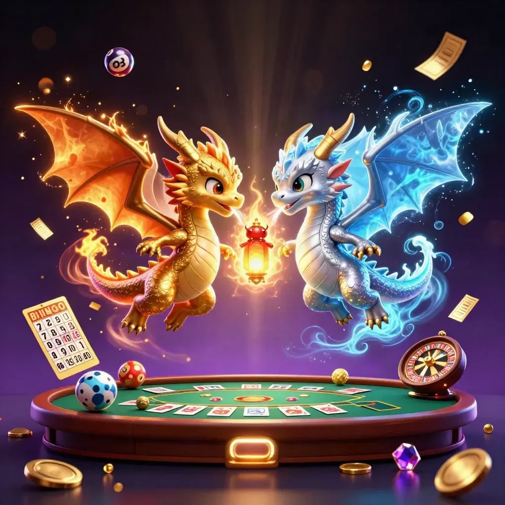 Gold and silver dragons swirl around a tiny lantern spirit amid casino game icons and purple magic.