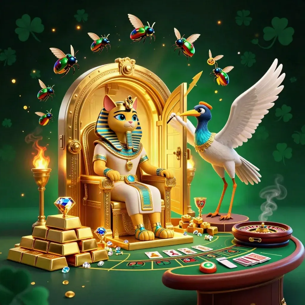 Pharaoh cat, ibis scribe, gem-wing scarabs amid a vault burst in a luxe casino glow.