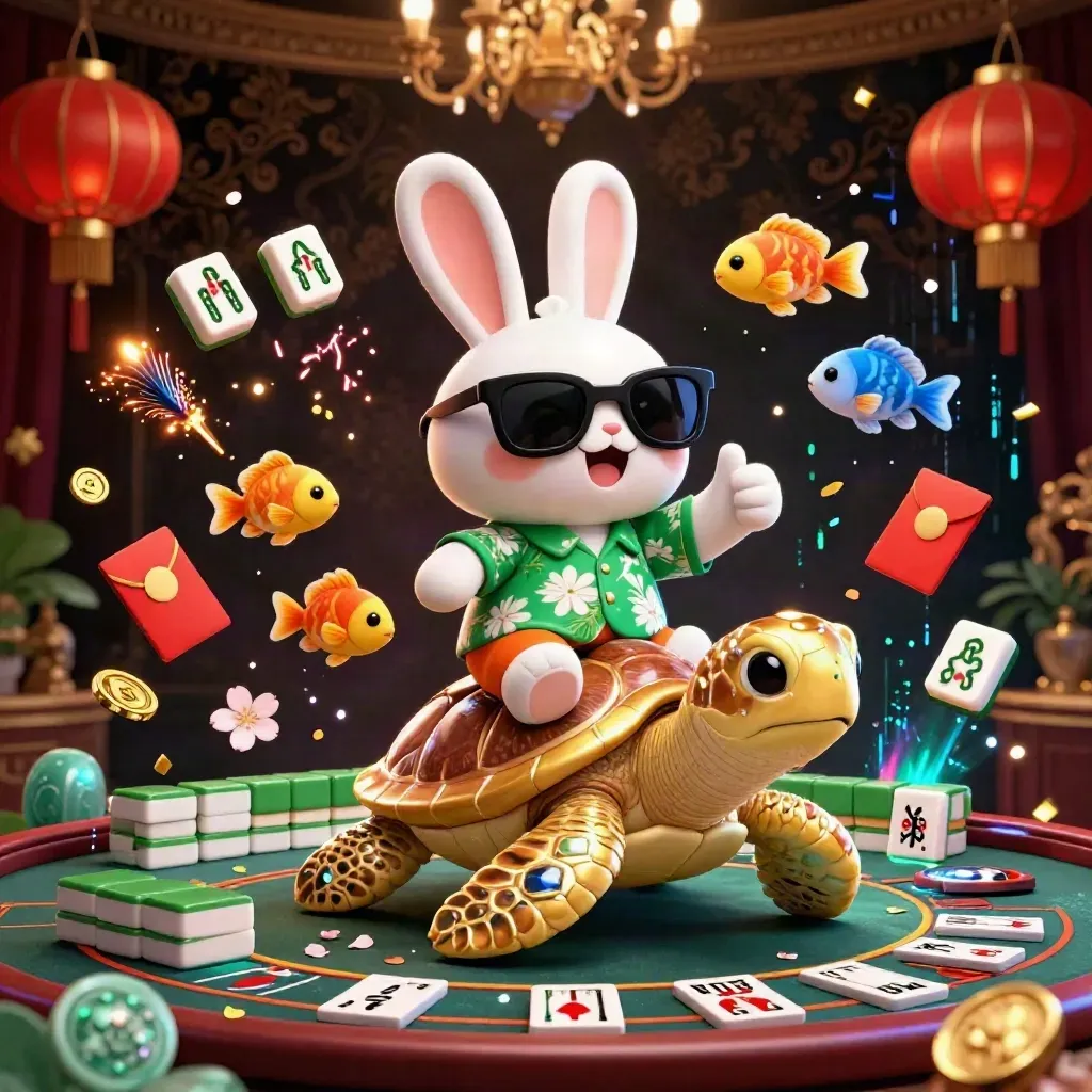 Lucky rabbit on golden sea turtle amid casino luxe effects and festive symbols