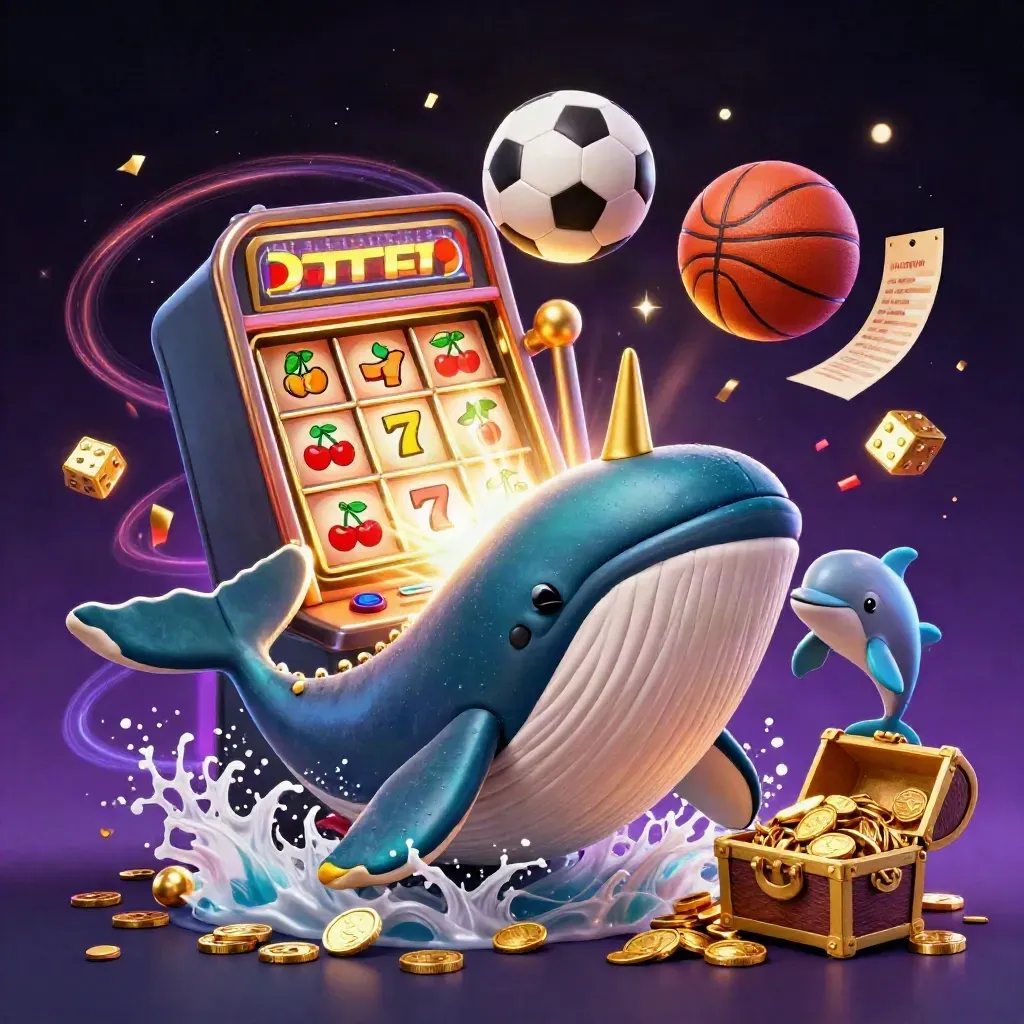 Cartoon whale captain, narwhal and dolphins amid coins, dice, slot bursts and sports balls.
