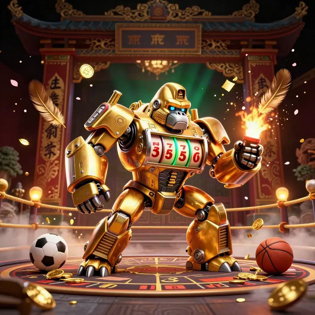 Golden gorilla mech in a torch-lit ring, coins, balls, petals, fog, luxe casino glow