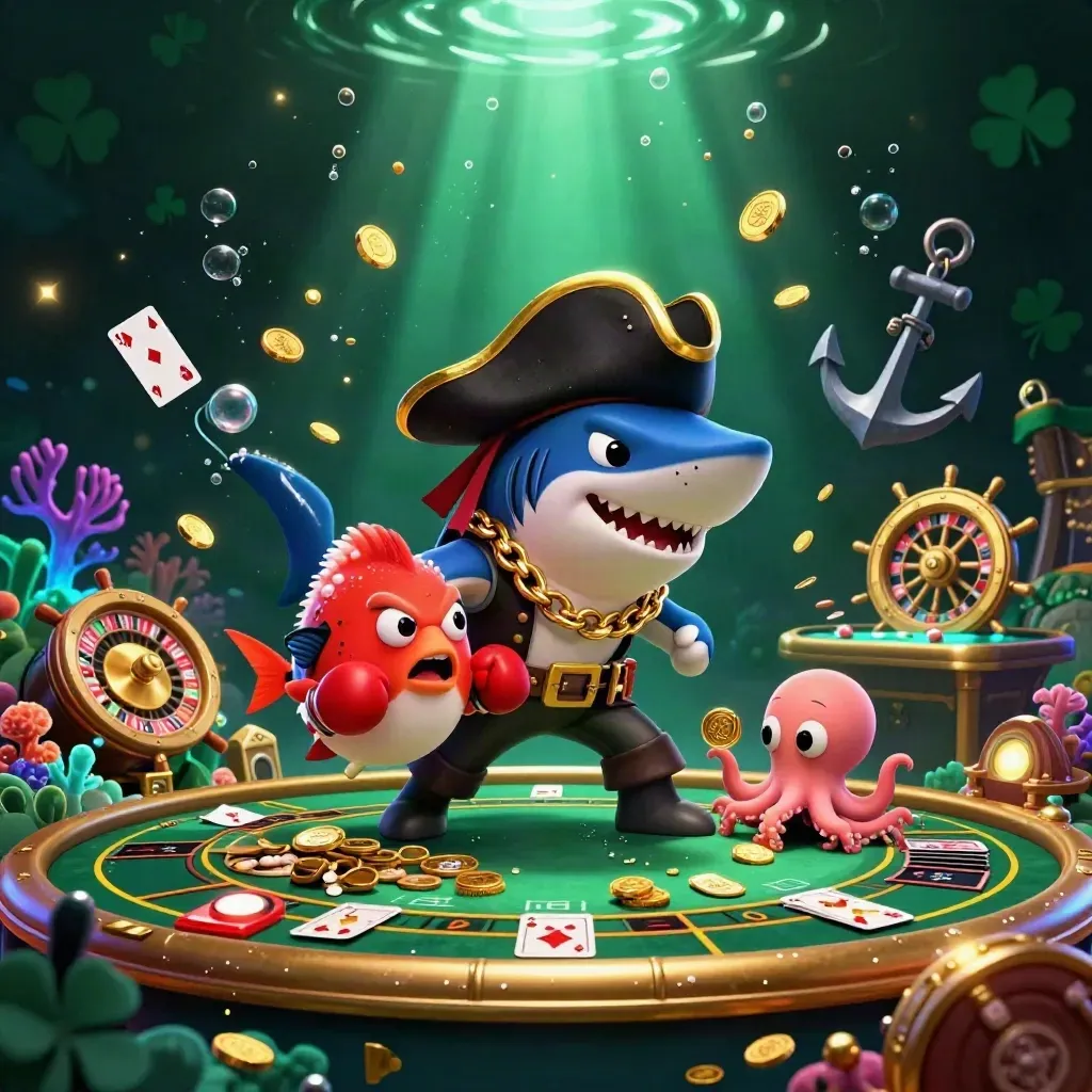 Pirate shark, boxing pufferfish, and coin-juggling octopus in a glowing treasure cove.