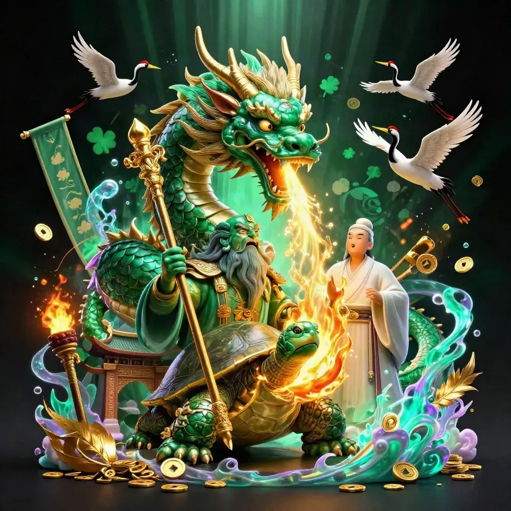 Emerald dragon, turtle sage, and cranes burst amid gold fire, coins, and temple glow.
