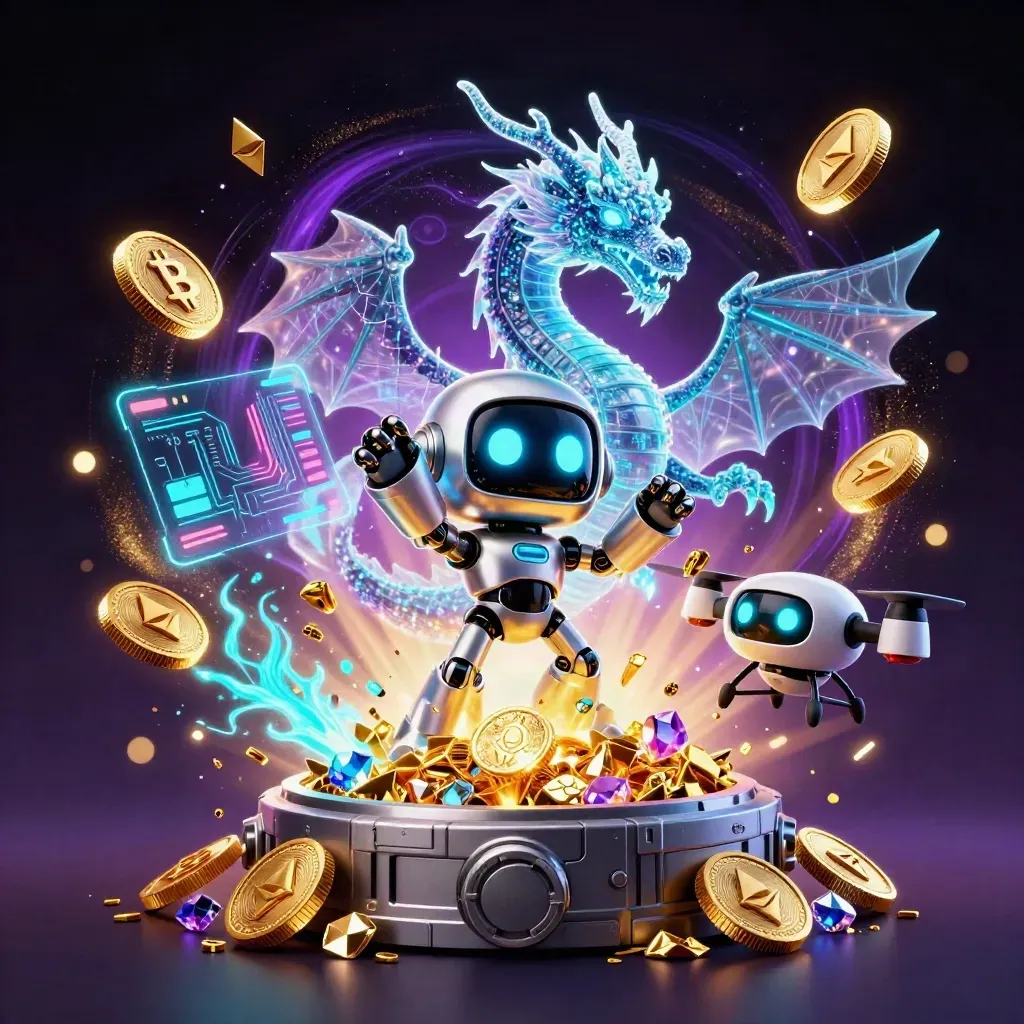 Cyberpunk robot, holographic dragon and coin drone explode with treasure, coins and cyan energy