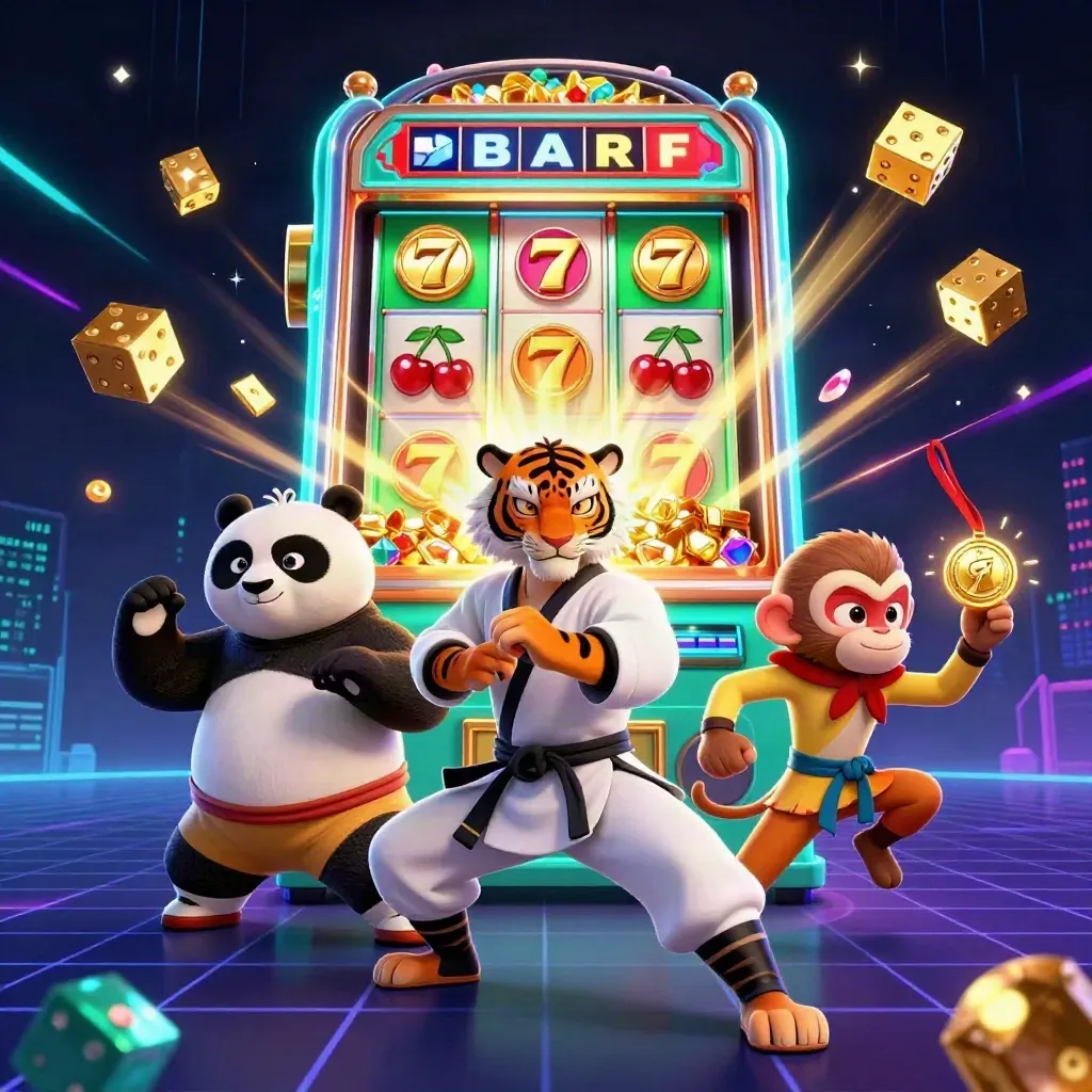 Tiger master, panda disciple, and monkey student burst from a neon slot machine with treasure and dice