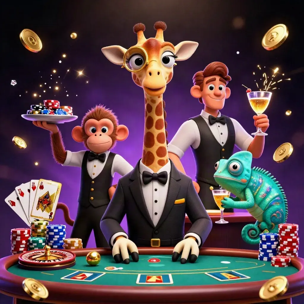 Giraffe high roller, monkey valet and chameleon bartender amid casino treasure and cyan glow.