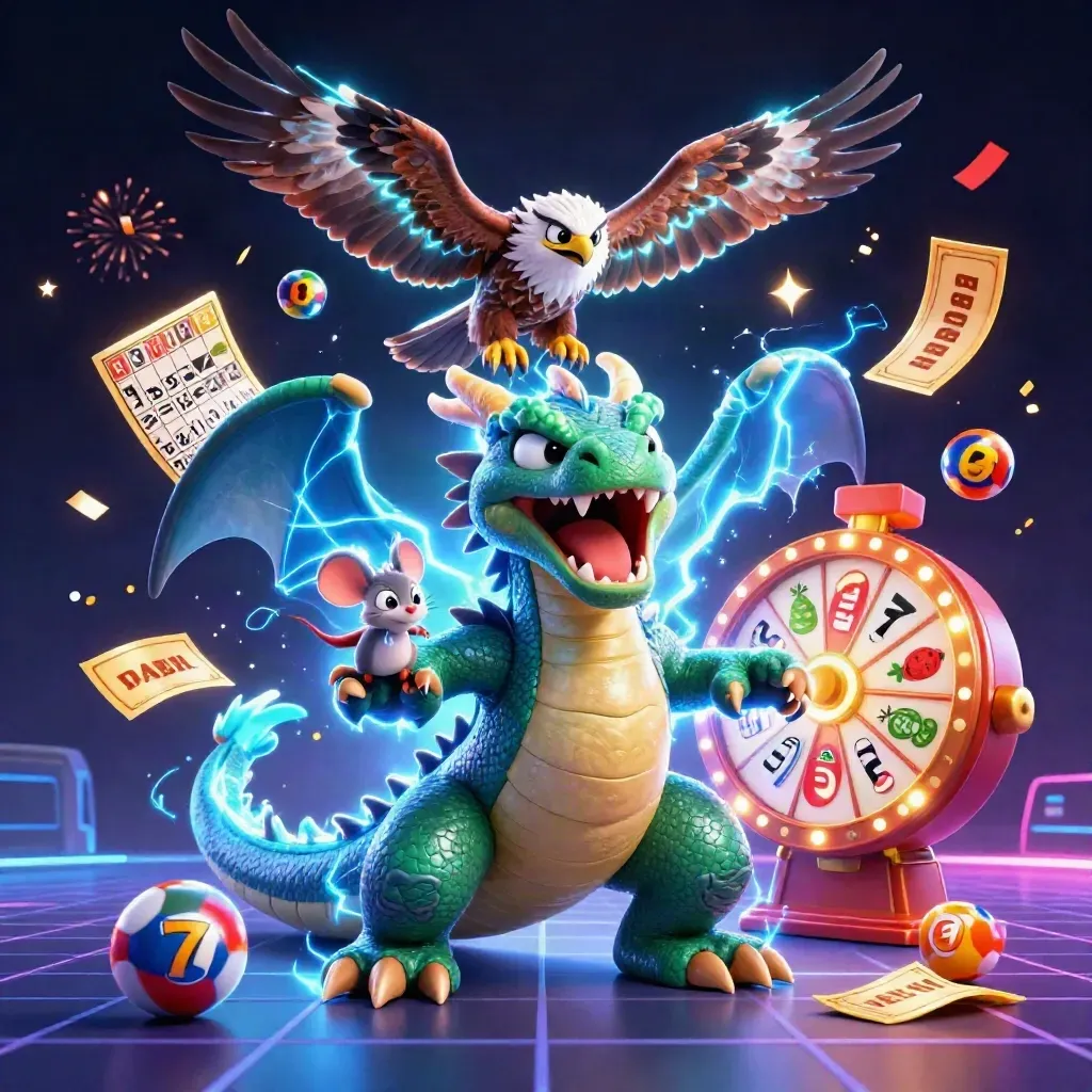 Thunder dragon, glowing hawk, and static mouse amid casino bursts and neon lightning.