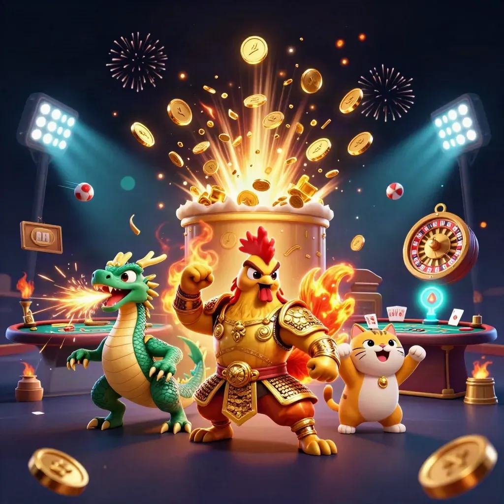 Rooster warrior, dragon hatchling, and fortune-cat amid casino vault burst, coins, fireworks, and game props.