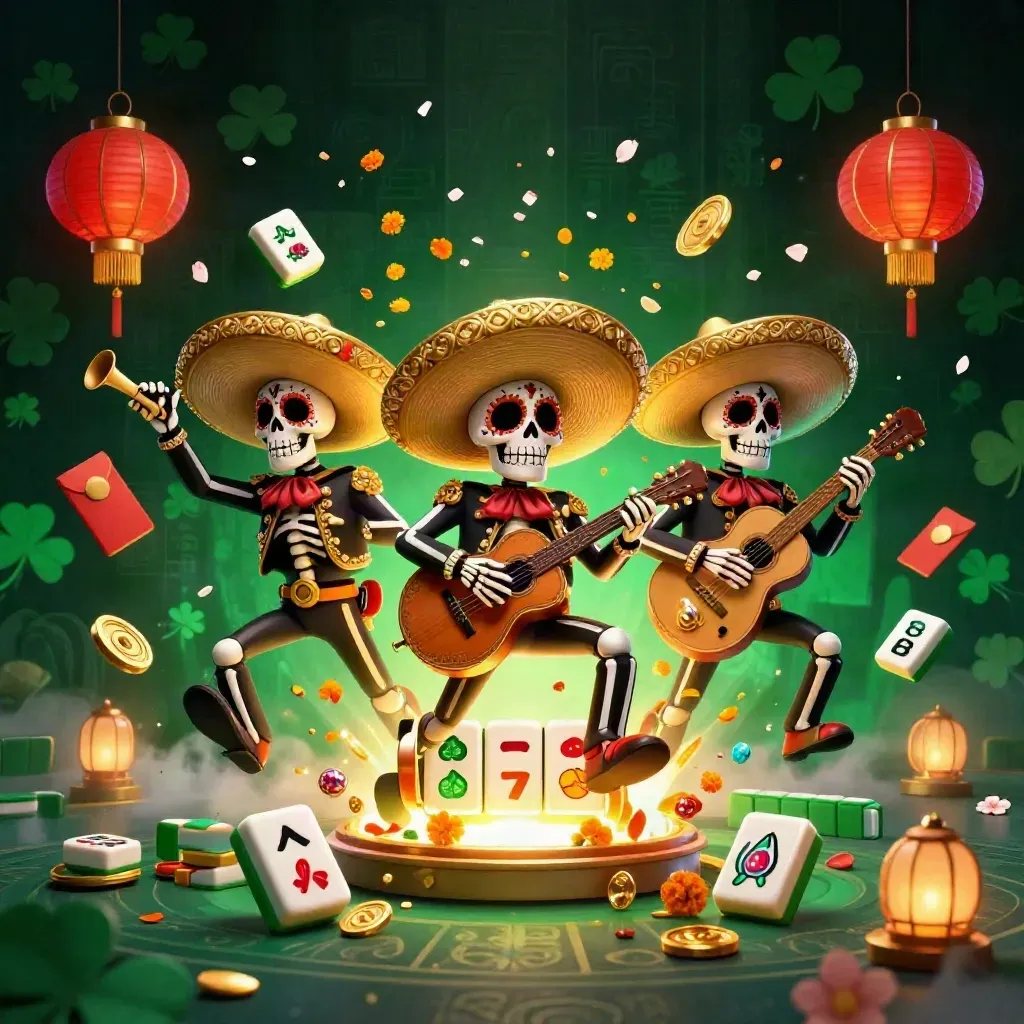 Skeleton mariachi trio amid lanterns, jade coins, petals, and casino treasure bursts.