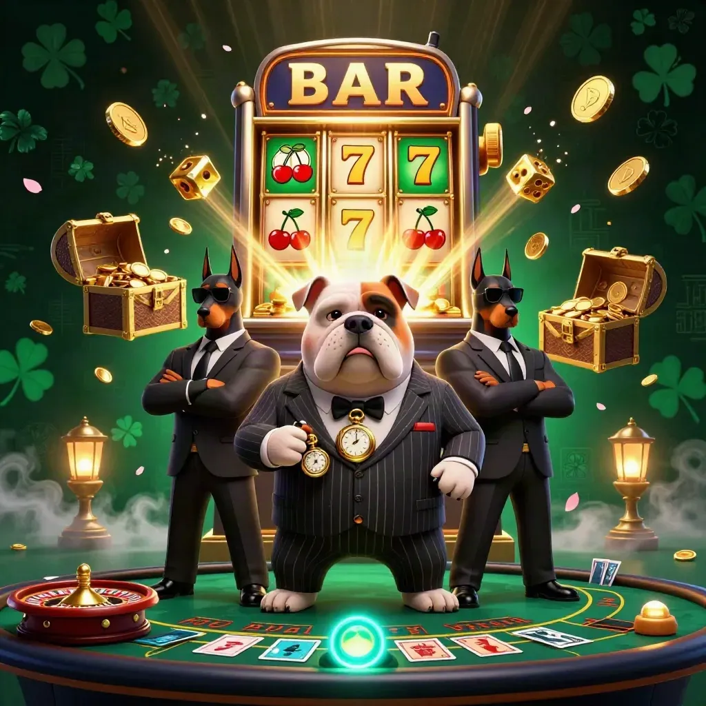 Bulldog mob boss and Dobermans amid exploding slots, gold, cards, roulette and casino glow