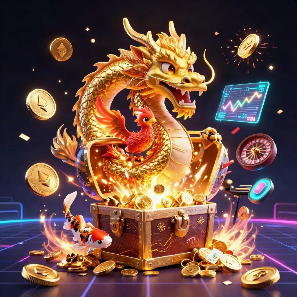 Golden dragon, phoenix, koi and treasure chest bursting with coins, neon casino icons, and fireworks.