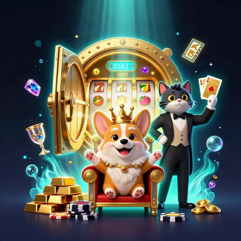 Royal corgi and cat butler on a chip throne amid vault gold, gems, reels, and cyan glow.