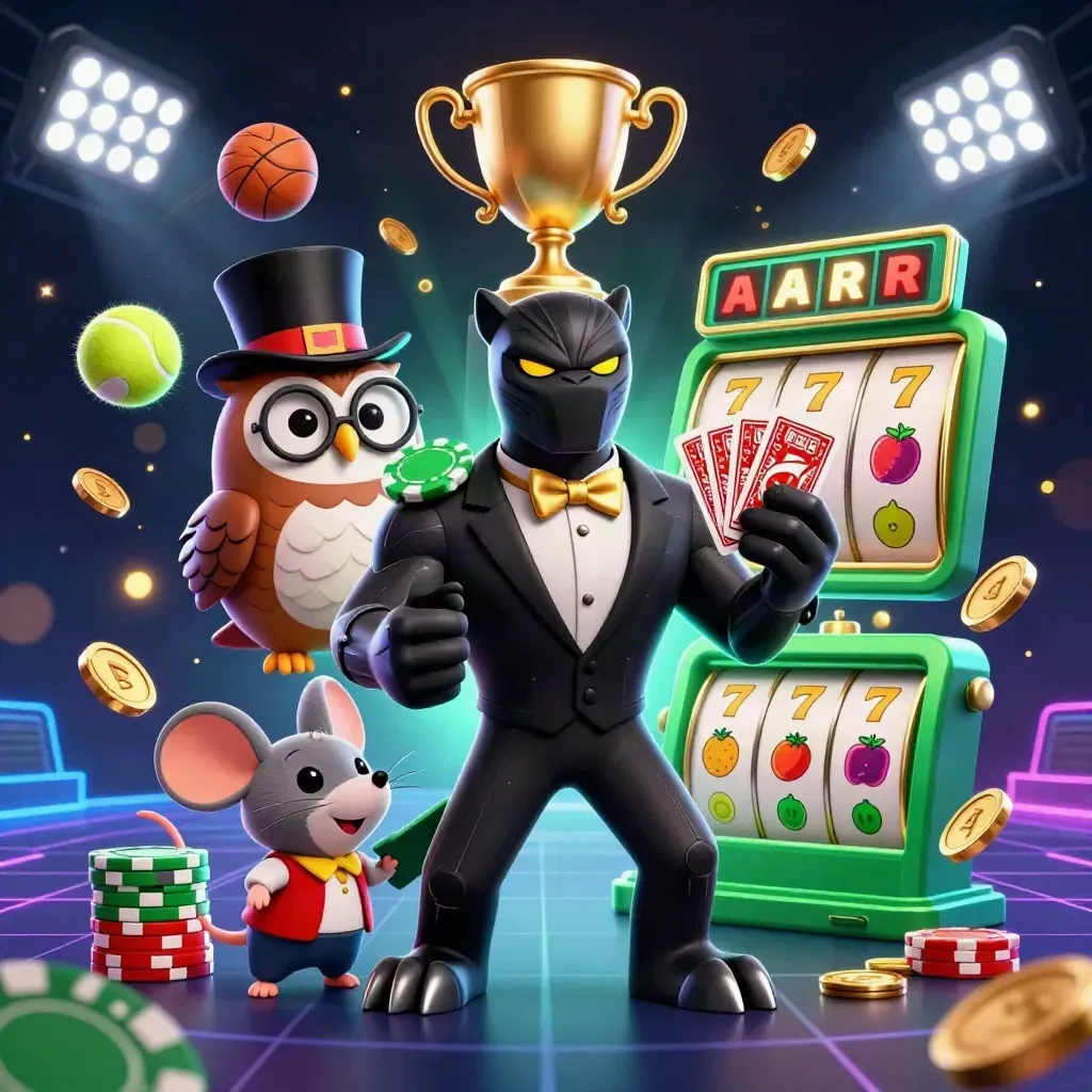 Panther, owl, and mouse amid casino chaos, sports balls, reels, coins, and cyan-gold glow.