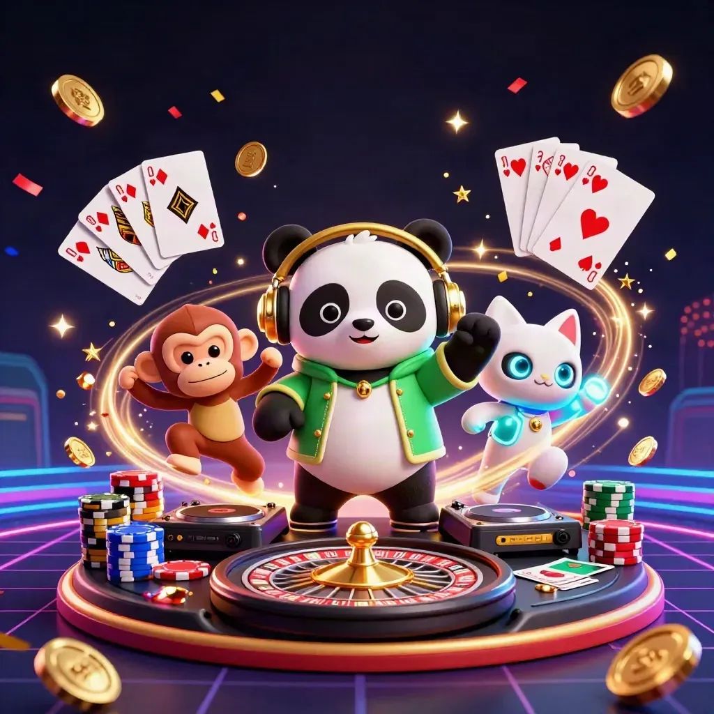 Panda DJ, monkey and rave kitten amid coins, cards, chips and fireworks