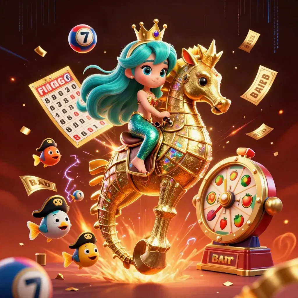 Mermaid princess on a golden seahorse with casino fireworks and glowing game symbols
