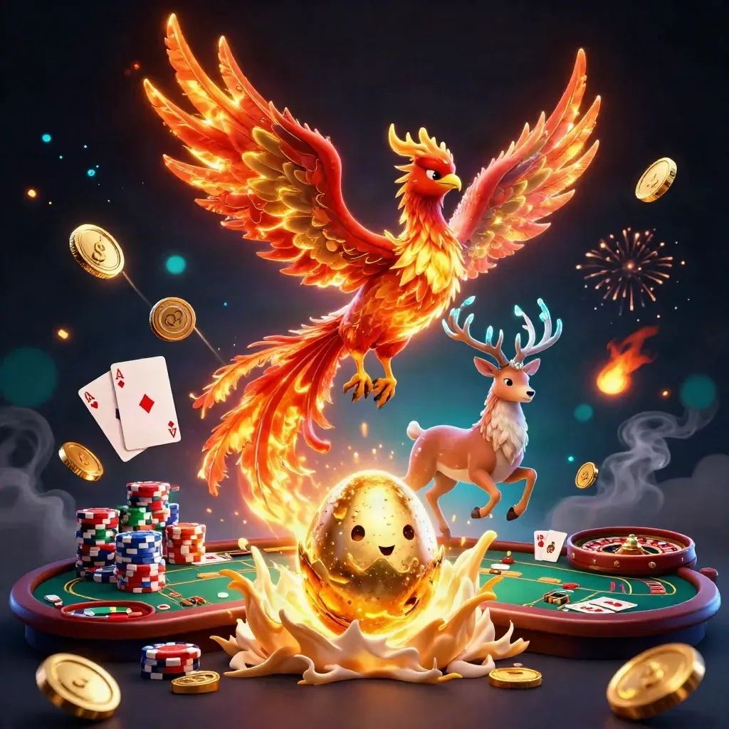 Phoenix, hatching chick, stag, and casino treasures bursting in a neon dark splash