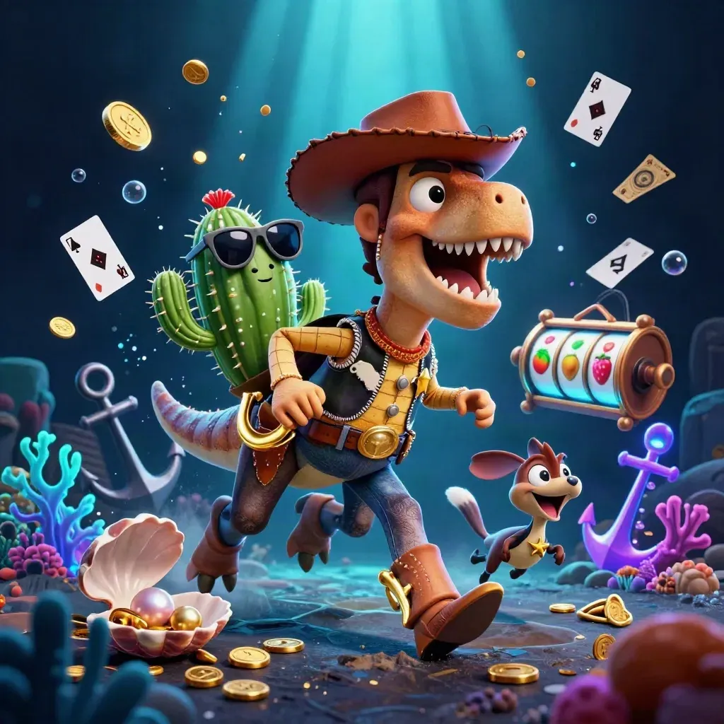 Cowboy T-Rex, cactus sidekick and roadrunner in a glowing underwater casino treasure cove.