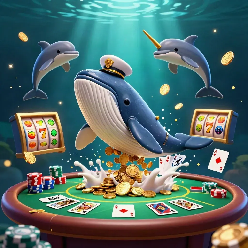 Captain whale, narwhal, and dolphins amid coins, chips, cards, and glowing underwater casino lights.