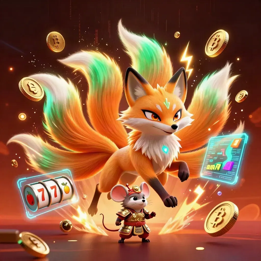Neon nine-tailed fox spirit and samurai mouse amid casino coins, reels, and electric effects